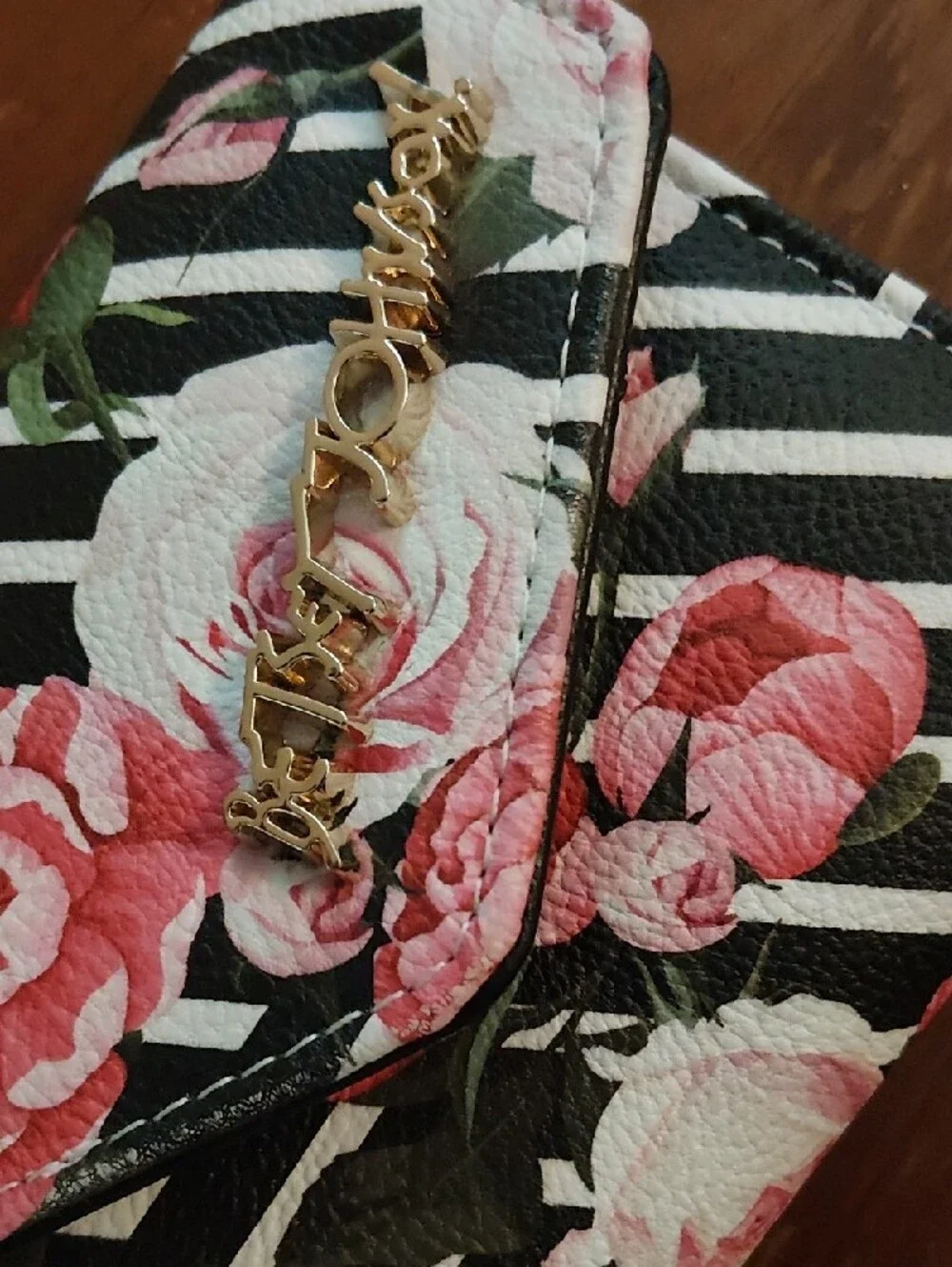 Betsey Johnson Black & Pink Floral Stripe Compact Wallet